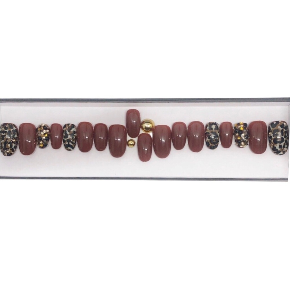 Handmade Custom Press on Nails Oval Shape Short Brown & Animal Print Nails Bling